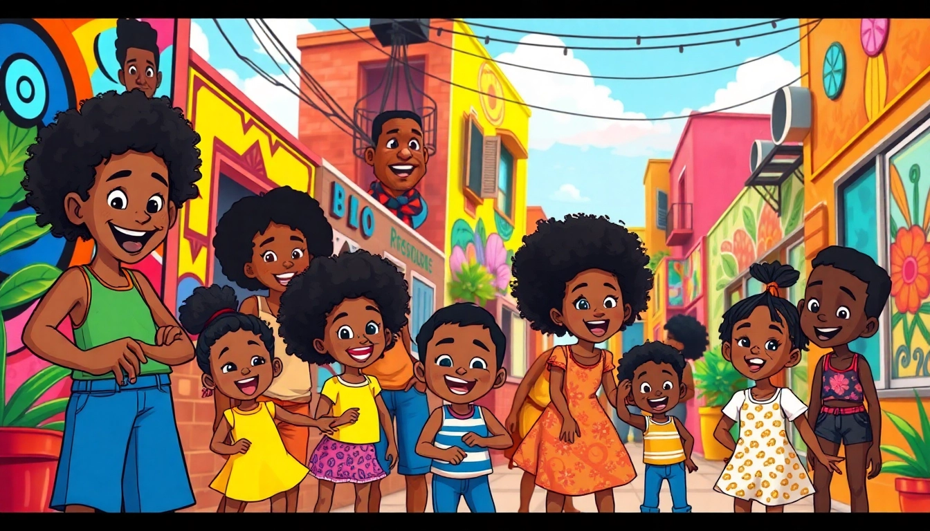 A lively scene of animated characters inspired by African American Cartoons, celebrating diversity in a vibrant urban setting.