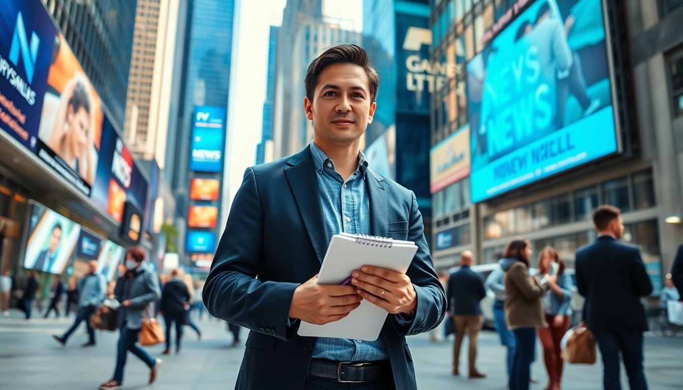 Catch the latest news with a journalist capturing stories in a vibrant urban environment.